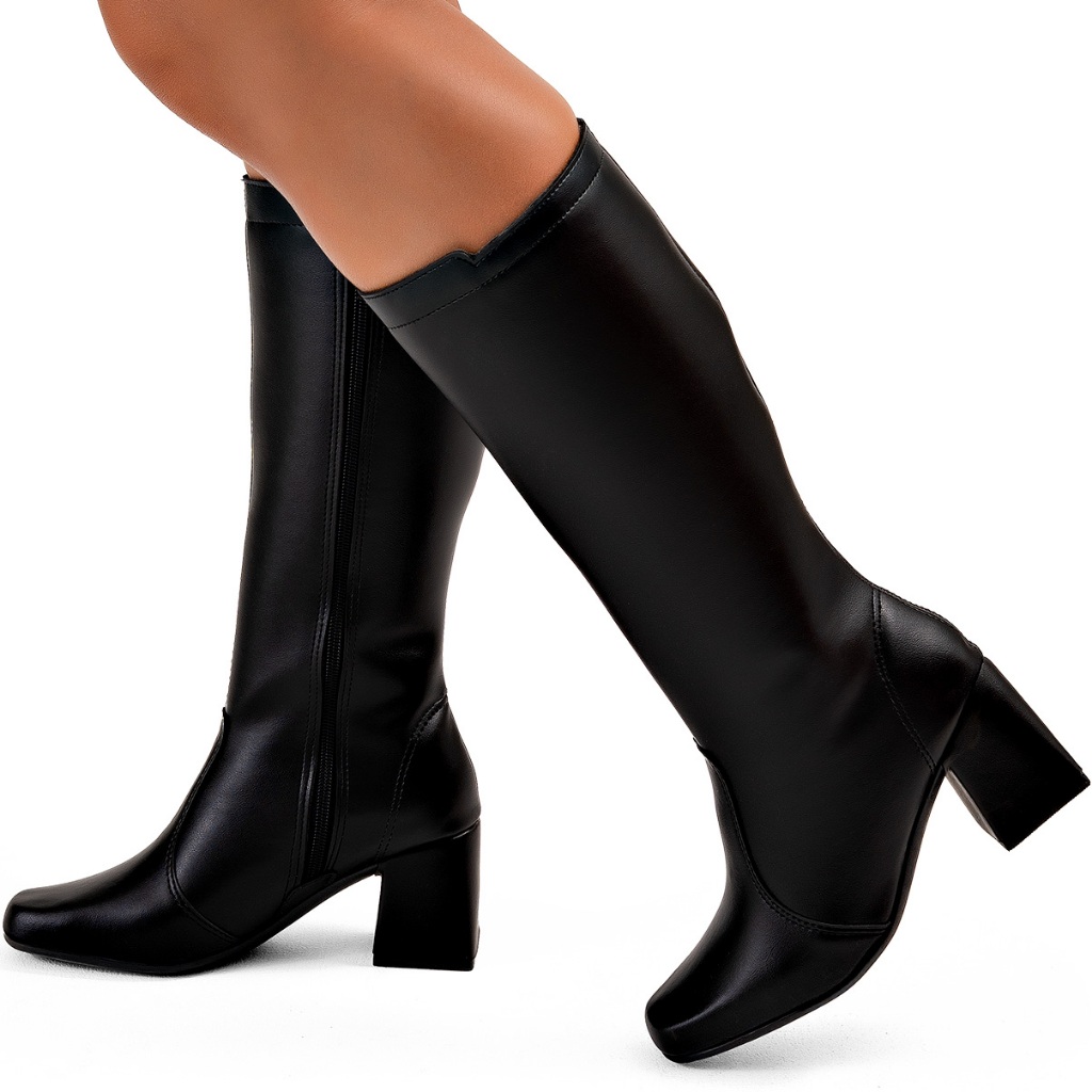 Bota Feminina Lumiss Cano Alto Bico Quadrado Salto Alto Grosso Preto