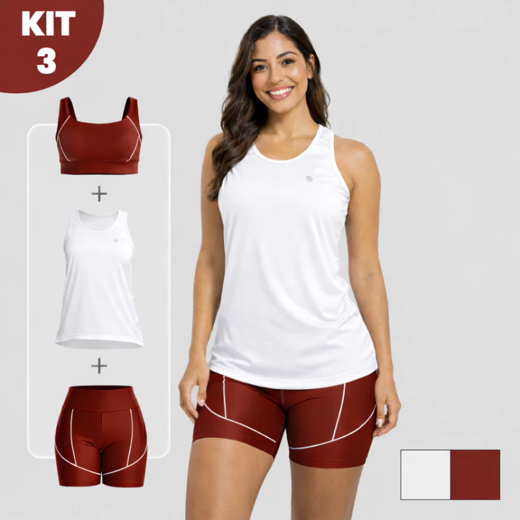 Kit 3 Peças Conjunto de Short + Regata Dry Fit Feminino com Friso Academia Treino Zero Transparência Tecido Respirável — imagem 1
