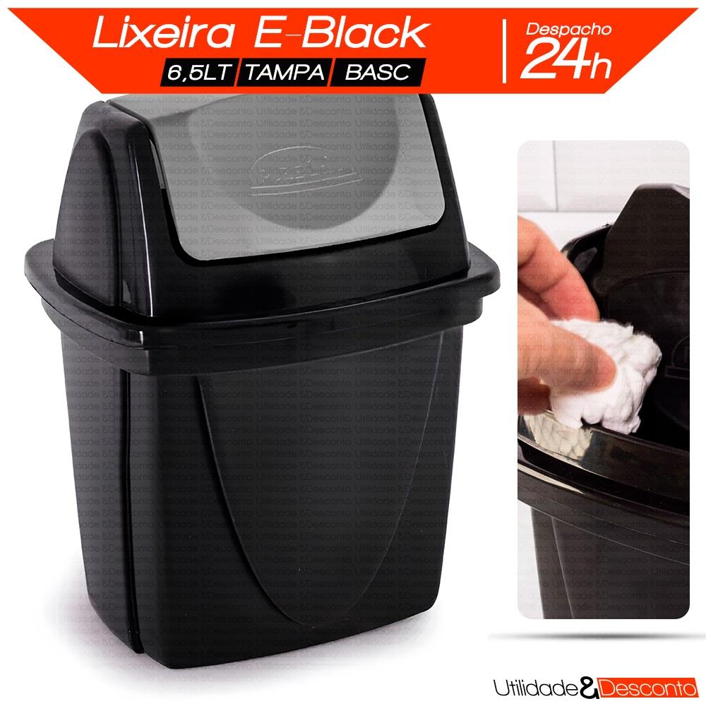 Lixeira E-Black 6,5L Tampa Basculante Lixo de Pia Multiuso Plasútil Plástico Resistente Reforçado Ecológico