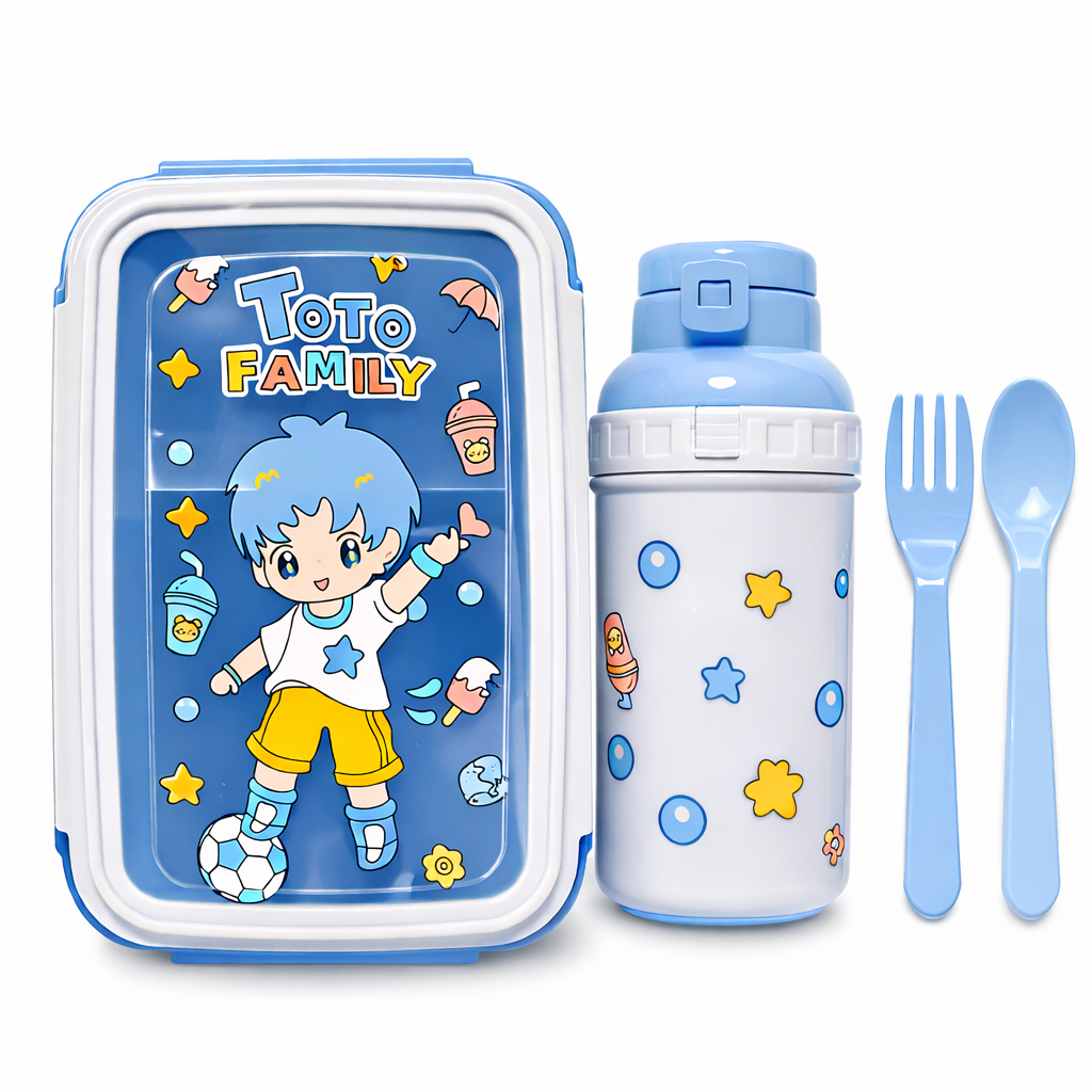 Conjunto Marmita Infantil com Talher e Garrafa de Água Toto Family Para Merenda Escolar e Viagem Kit Lanche Menino Azul