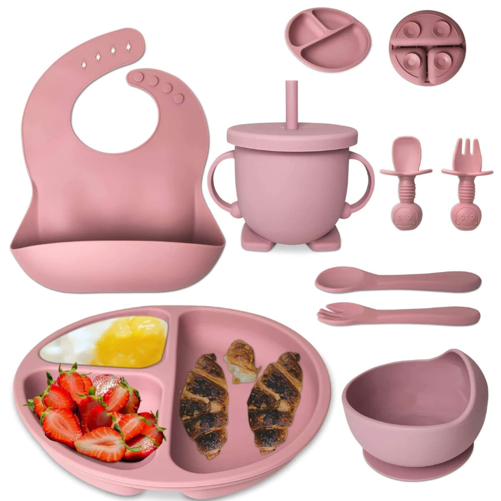 Talheres bebê silicone 8 Peças kit Talheres Infantil Com Ventosa Canudo Colher Babador Garfo Introdução Alimentar