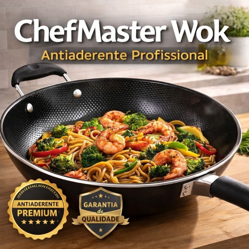 Imagem Frigideira Wok 34cm Antiaderente Profissional ChefMaster – Panela Grande para Yakisoba, Fritar e Refogar