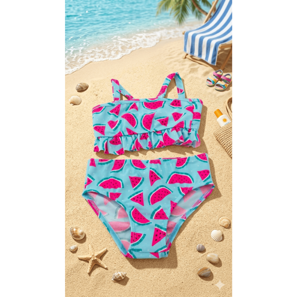 Biquíni Infantil Feminino, Estampa de Melancia, Azul e Rosa, Conjunto de 2 Peças, Babado