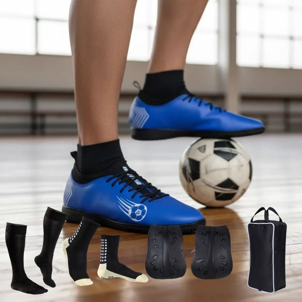 Chuteira Futsal Masculina Leve Botinha Quadra + Mieão Porta Chuteira Caneleira Meia Antiderrapante