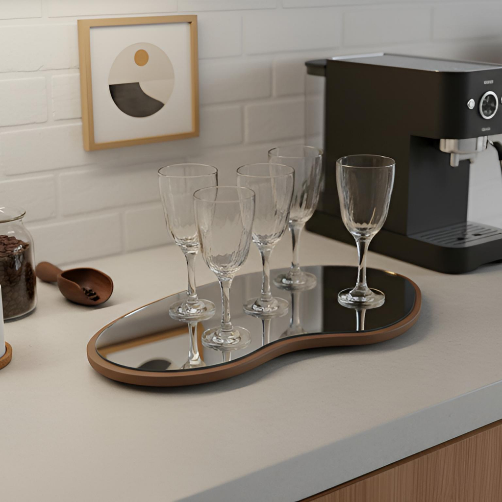 Bandeja Espelhada Decorativa Freijó Luxo Orgânica Multiuso Sala Bar Lavabo Banheiro Café