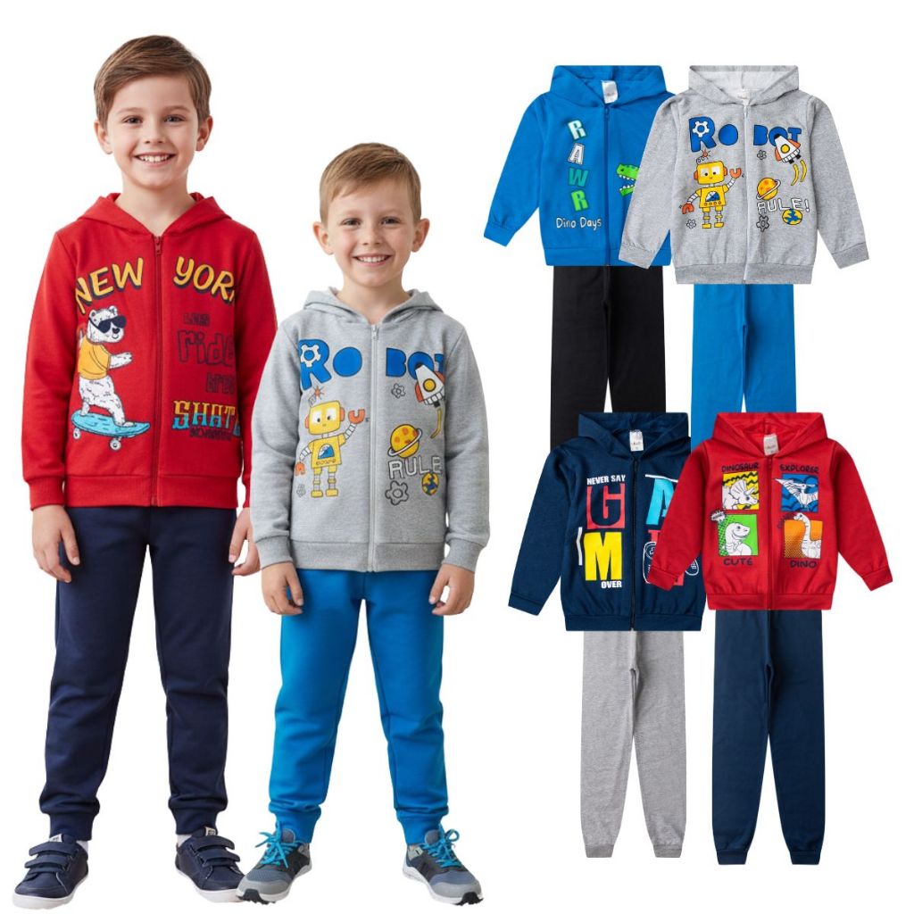 2 Conjunto Roupa Infantil Masculino Kit 04 Peças 1 ao 8 Moletom Capuz Menino Inverno Barato Forrado