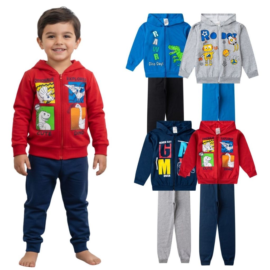Kit Roupa Infantil Moletom Masculino 06 Peças  Capuz Bebe Menino Inverno  3 Conjunto Algodão Frio