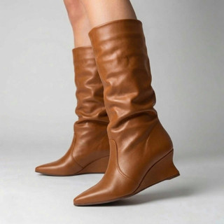 Bota Feminina Franzida Slouch Cano Longo Salto Baixo Anabela Confortável Bico Fino Luxo Tendência Ref. 80/146