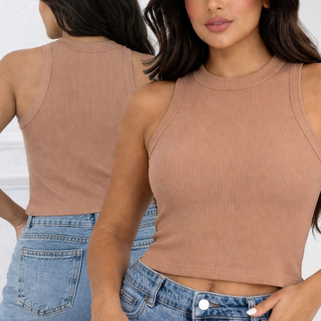Regata Feminina Preta Malha Canelada Premium Ajustada Moda Blogueira Tendência