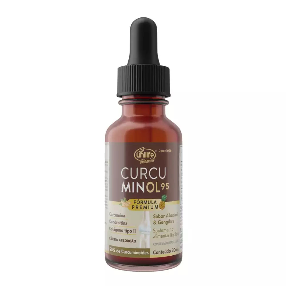 Curcuminol Gotas Unilife 30ml Sabor Abacaxi e Gengibre Com Curcumina Condroitina Colágeno Tipo II
