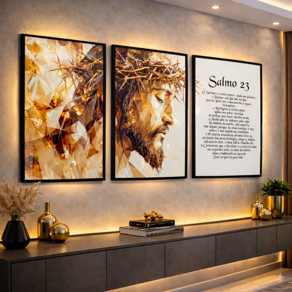 Quadro Jesus Cristo Abstrato Vitral Dourado Salmos 23 Prosperidade para Sala Quarto Hall de Entrada em Oferta na Shopee