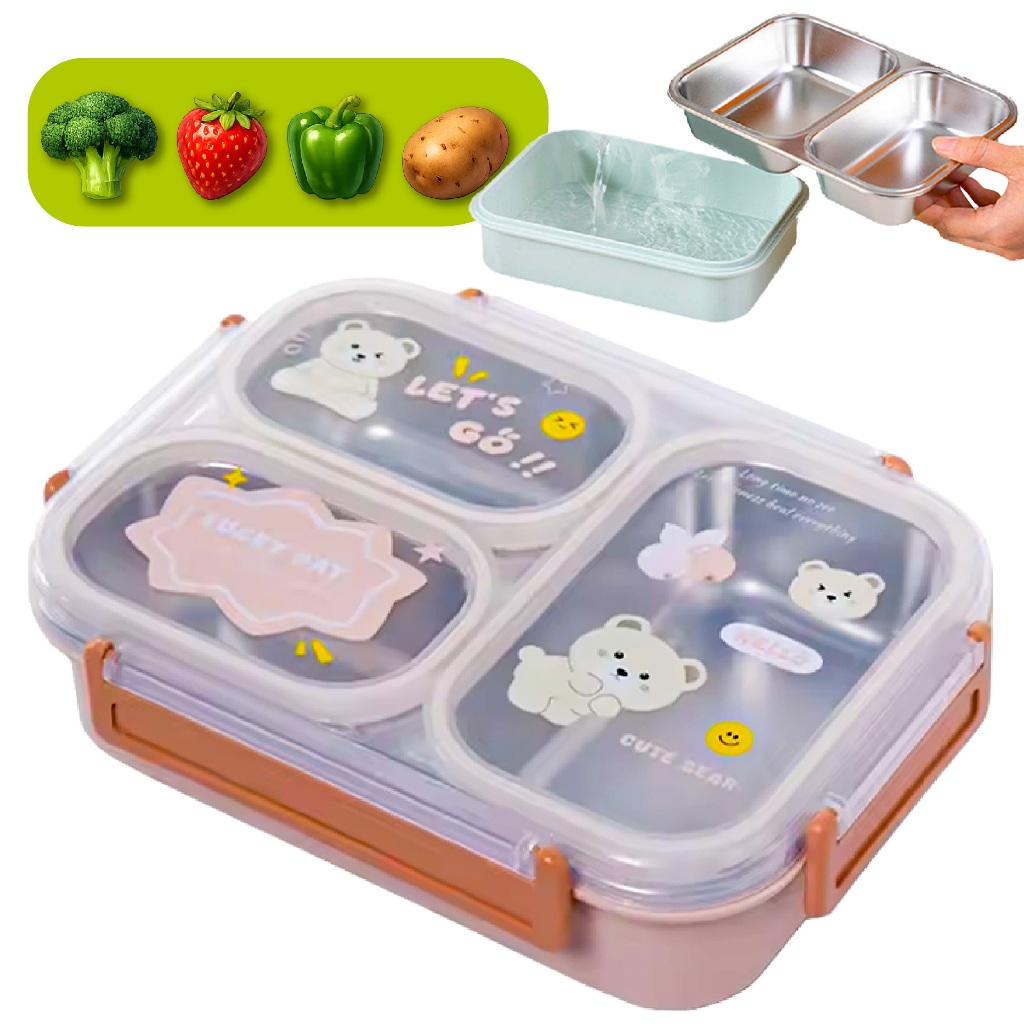 Marmita Lancheira Escolar Infantil De Aço Inox Com 2 ou 3 Divisórias Internas 880ml Top em Oferta na Shopee