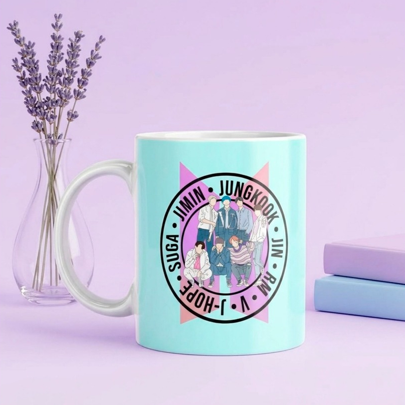 Caneca BTS 325ml Integrantes Azul Cerâmica Café Chá K-Pop Presente ARMY