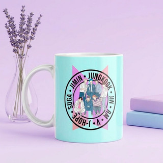 Caneca BTS 325ml Integrantes Azul Cerâmica Café Chá K-Pop Presente ARMY