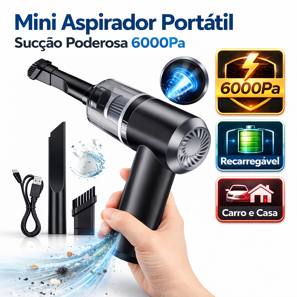 Mini Aspirador Portátil Sem Fio 6000Pa USB Recarregável 3 em 1 Para Carro Casa Sofá Teclado