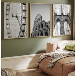 Quadro Decorativo Sala Com Moldura Trio Coliseu Ponte Brooklyn Roda Gigante Quadro Preto E Branco