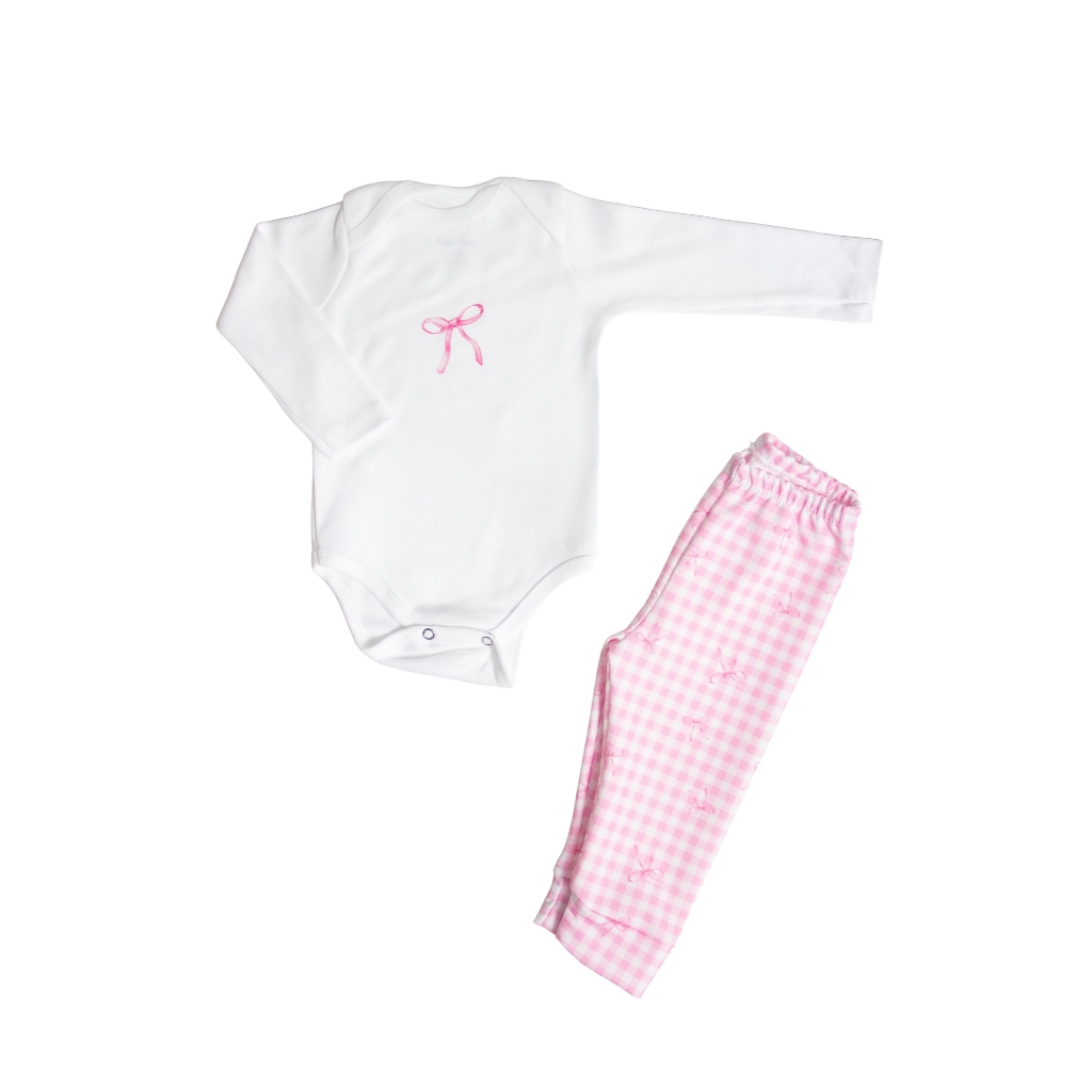 Conjunto Calça e Body Manga Longa Xadrez Vichy Rosa em Oferta na Shopee