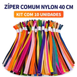 Zíper de Nylon Comum 40 CM - Cores Sortidas - Kit C/ 10 Unidades