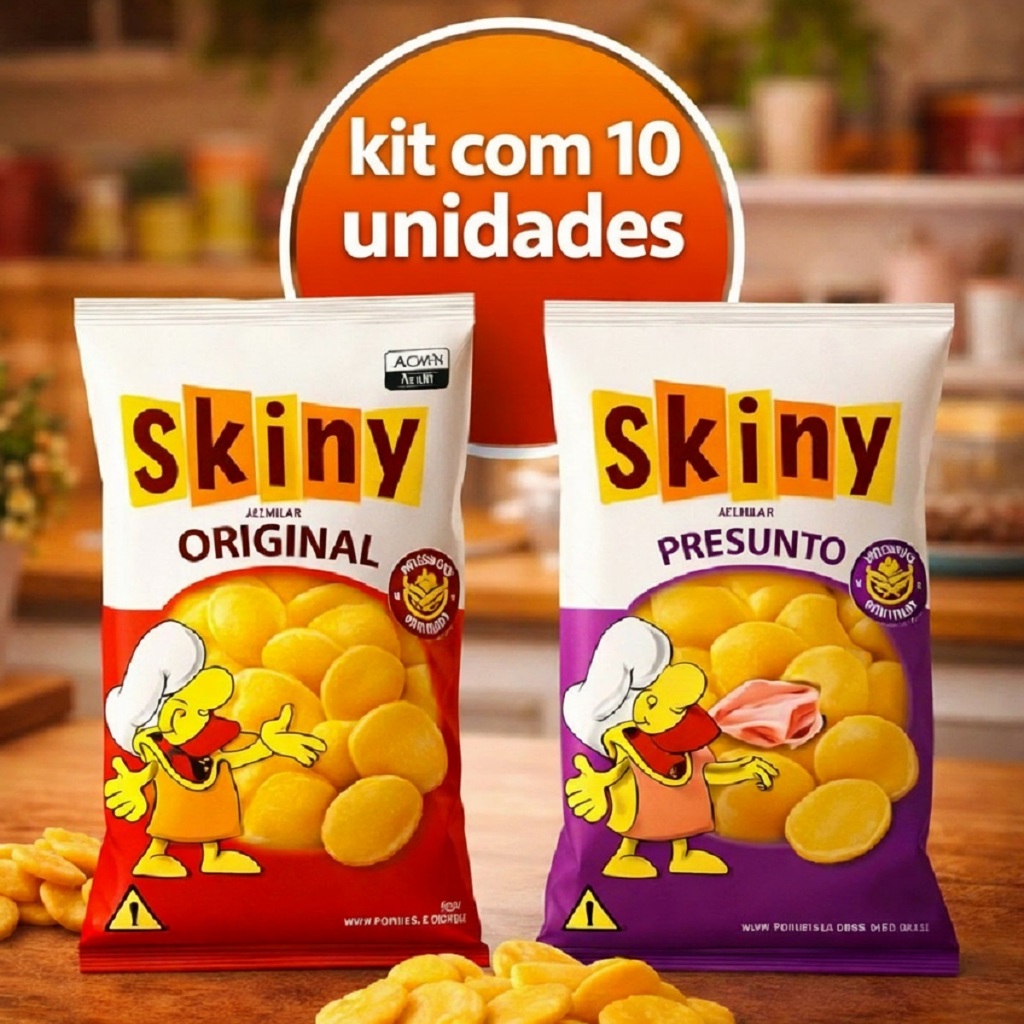 Lanches Chips Kit 10 Salgadinho Skiny Natural e Presunto de Milho 35g Elma Chips
