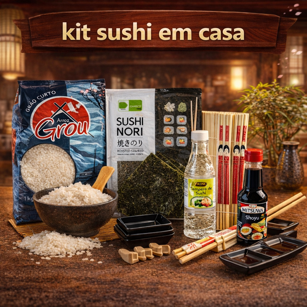 KIT SUSHI Faça em Casa  - Arroz Japonês, Nori, Hashi, Shoyu e Vinagre para Fazer Sushi em Oferta na Shopee
