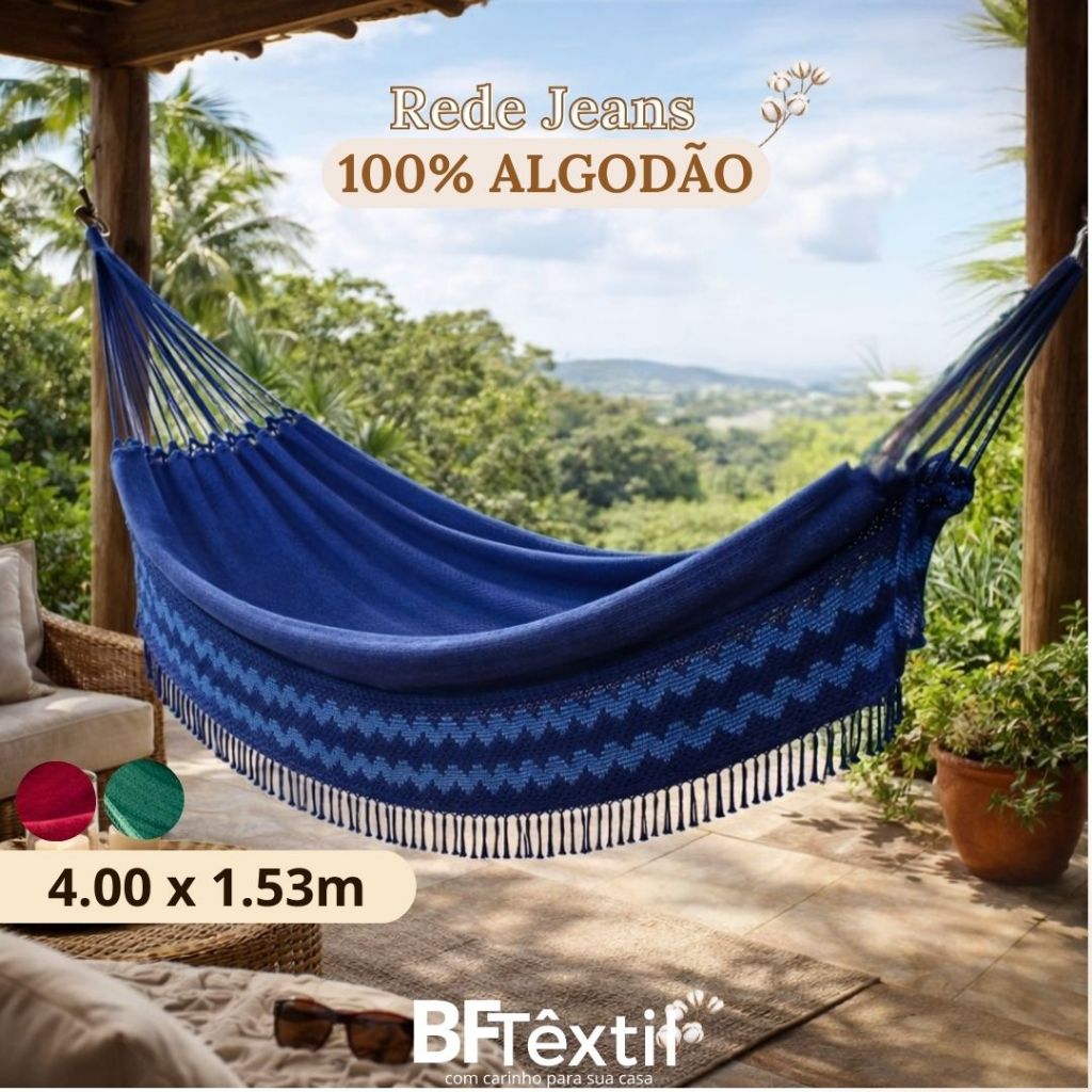 Rede De Dormir Casal Jeans 4,00x1,53m Algodão Com Franja Para Varanda E Jardim
