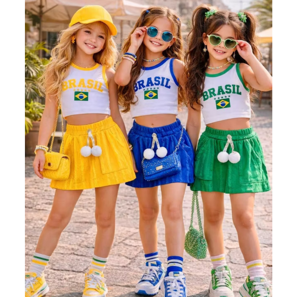 Conjunto Brasil Infantil De Menina Brasil Copa Do Mundo Conjunto Juvenil Brasil  Blusinha e shorts saia em Oferta na Shopee