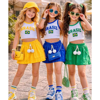 Conjunto Brasil Infantil De Menina Brasil Copa Do Mundo Conjunto Juvenil Brasil  Blusinha e shorts saia em Oferta na Shopee