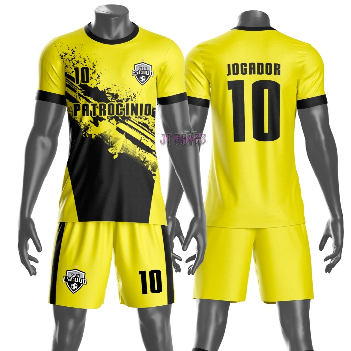 Uniforme jogador futebol amador esportivo camiseta e calção personalizavél nome número escudo mo 131