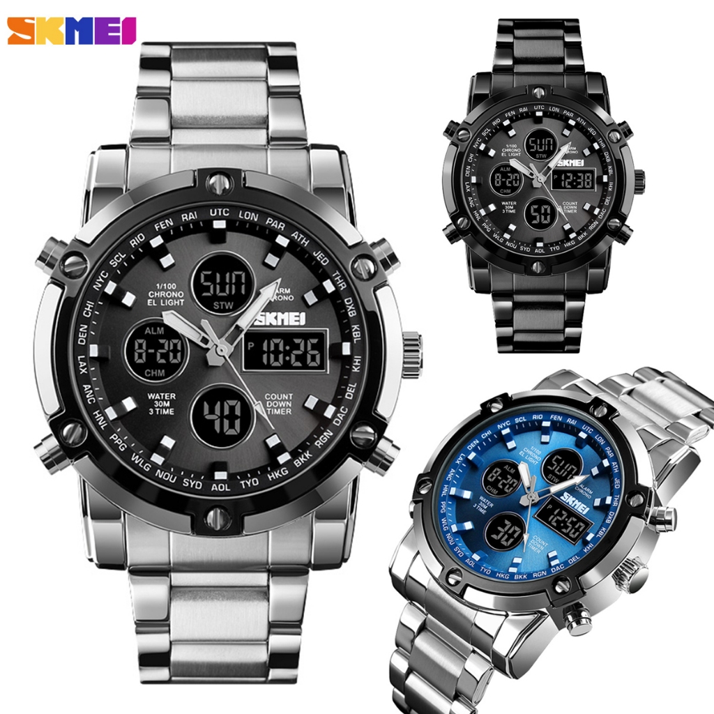 SKMEI 1389 Relogio Masculino Analogico e Digital Casual Relógio de quartzo com pulseira de aço inoxidável e LED digital em Oferta na Shopee