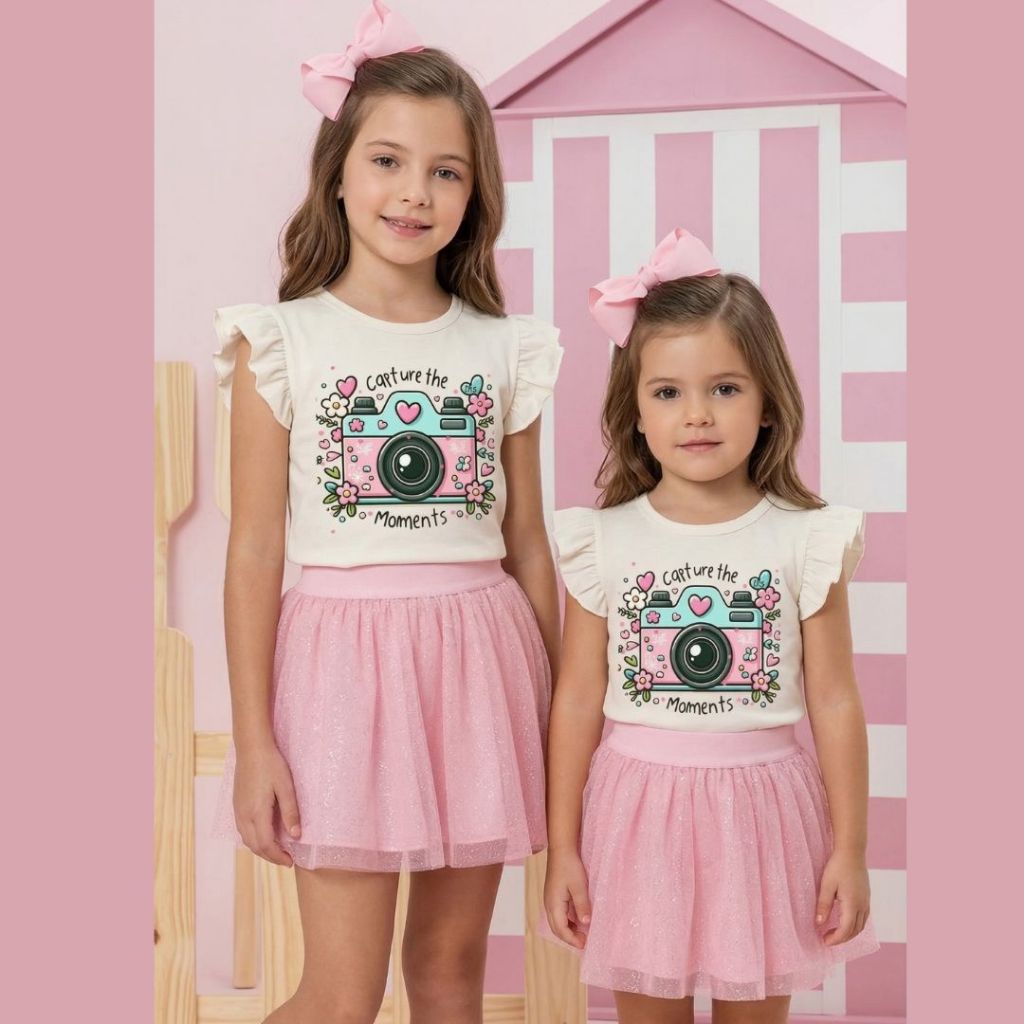 Conjunto Infantil Menina Fashion Trend Blusa Off Estampa Câmera Fotografia Cute Flor Short Saia Tule Glitter Rosa Bebê