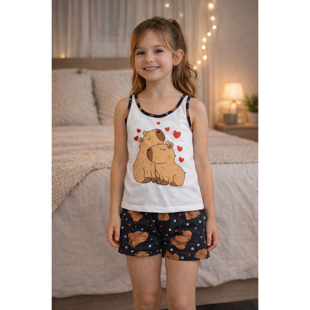Pijama short doll infantil stitch capivara e personagens pijama baby doll camiseta regata malha verão