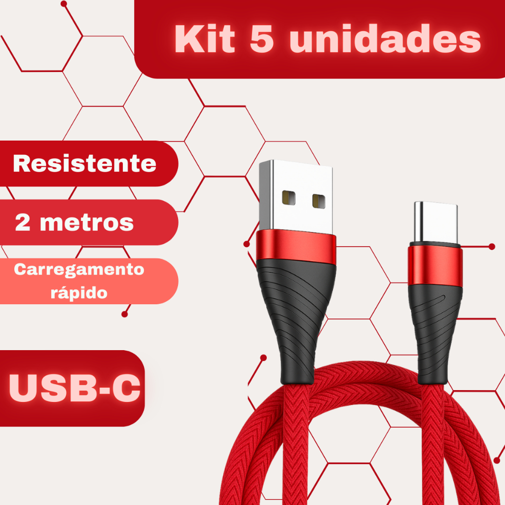 Kit 5 Cabos Carregador Tipo C 2 Metros Reforçado Cores Variadas