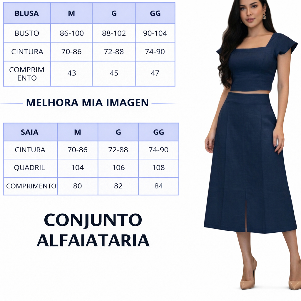 CONJUNTO FEMININO ALFAIATARIA MARRANT BLUSA MANGA BABADO Y SAIA MIDI
