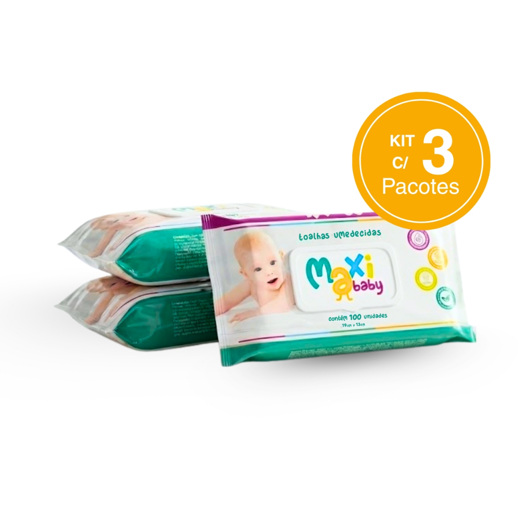 Kit com 3 Toalhas lenços Umedecidos Hipoalergênico 100un Cada Maxi Baby