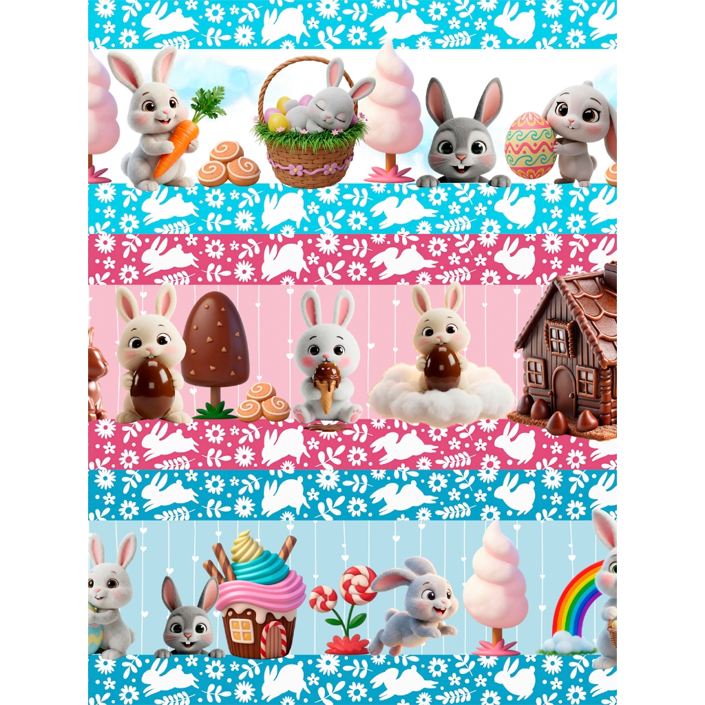 Tecido Tricoline Mista  - Barrado Digital - 10 Faixas - 0,50 cm x  1,45 largura - Páscoa Varias estampas