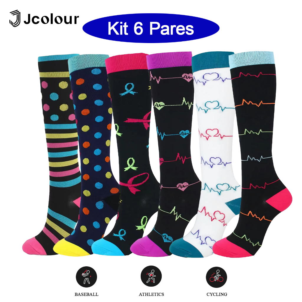 Imagem Jcolour 6 Pares Meias De Compressão Joelho Alto 30mmHg Esportivas Diabetes Varizes Correndo Ciclismo