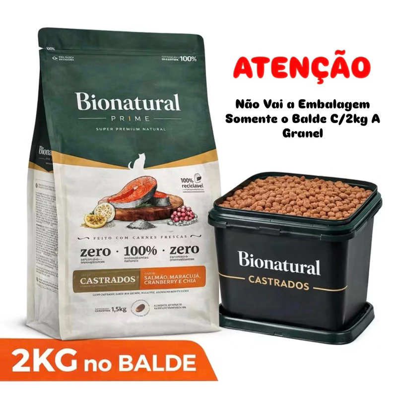 Ração Bionatural Prime Super Premium Gatos Castrados Salmao 2Kg A Granel no Balde