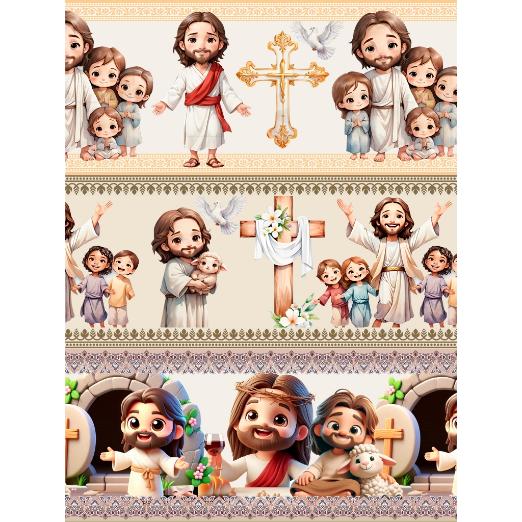 Tecido Tricoline Mista  - Barrado Digital - 10 Faixas - 0,50 cm x  1,45 largura -  Religioso - JESUS - NOSSA SENHORA