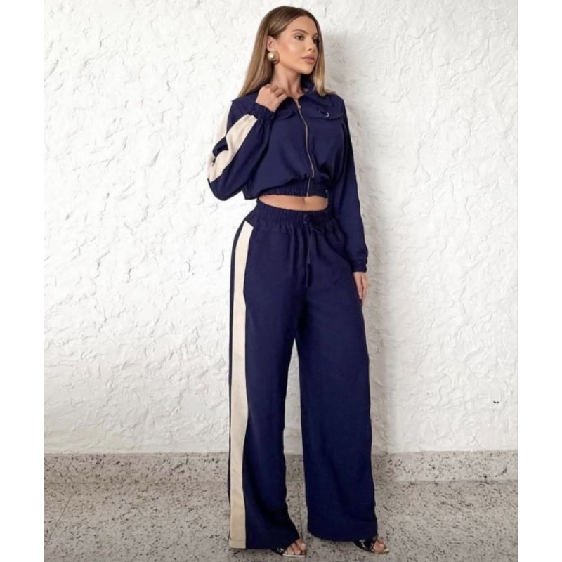 Conjunto Feminino Calça Pantalona Faixa Lateral Cropped Manga Longa Zíper Moda Inverno Look Casual Chic