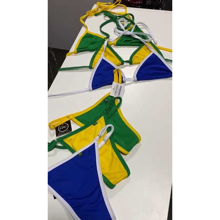 Kit Biquíni Brasil Fita Cortininha Bicolor Fio dental Copa Bronze
