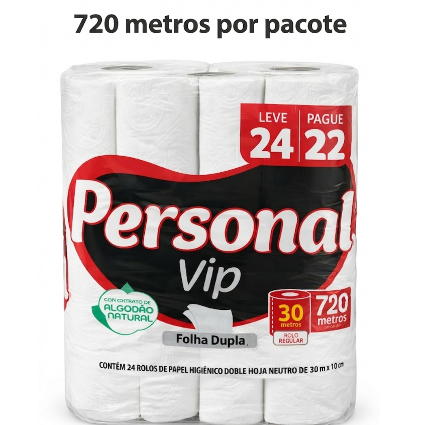Papel Higienico Personal Vip Neutro Lv24 P22 30m 720metros por pacote