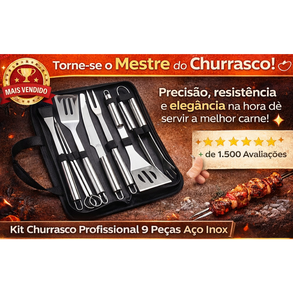 Kit Churrasco Profissional 9 Peças Aço Inox Completo com Bolsa Maleta de Transporte Utensílios