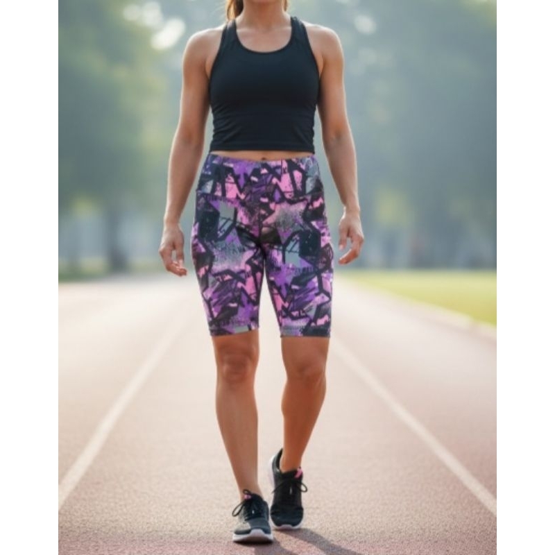 Bermuda Fitness Feminina Estampada Roxa e Preta – Conforto para Academia