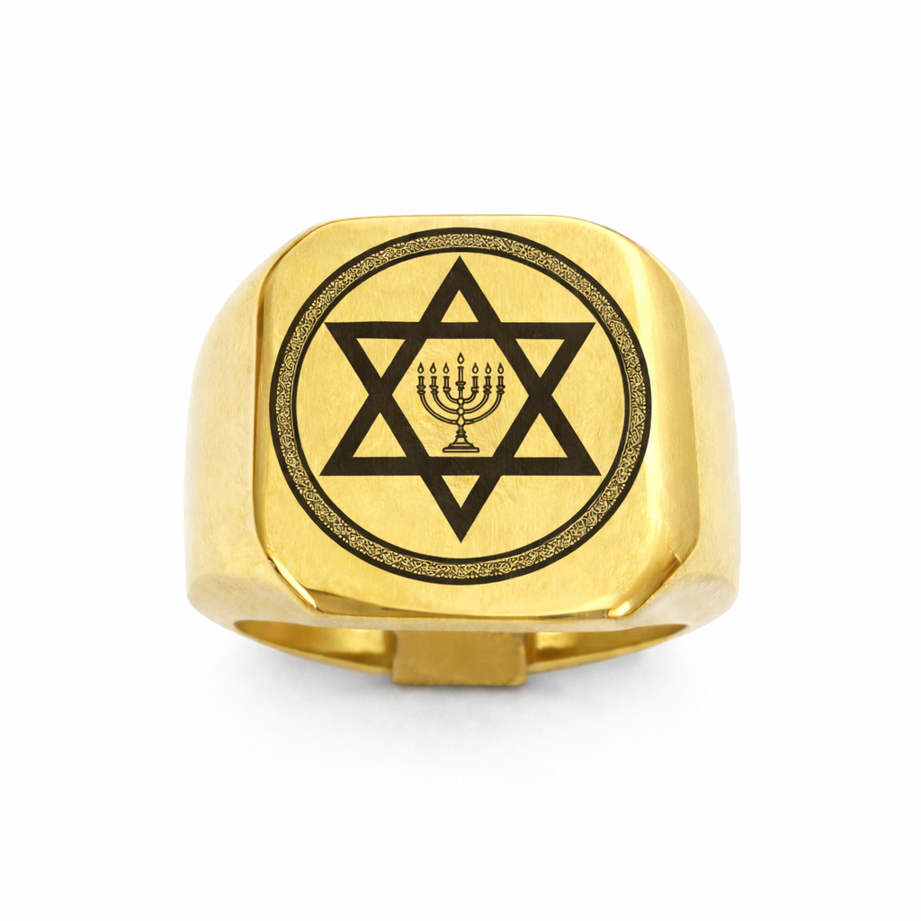 Anel Estrela De Davi Masculino Aço Banhado Ouro 18K Salomão candelabro Teologia Premium LUXO