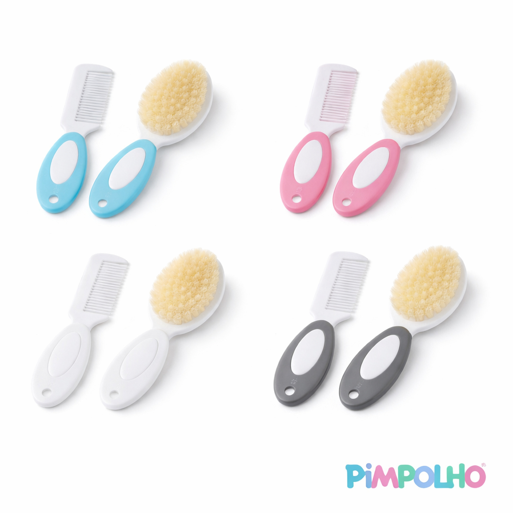 Kit Escova e Pente Bebe Cerdas Macias Brancas Infantil Recém Nascido Rosa Azul