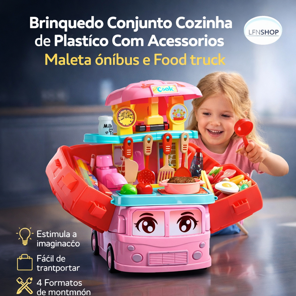 Brinquedo Cozinha Infantil Maleta Ônibus Food Truck 31 Peças Kit Panelinhas Criança