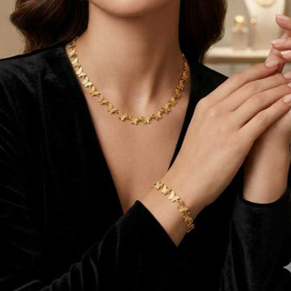 Conjunto Colar Chocker e Pulseira Borboletas Delicado Romântico Banhado a Ouro