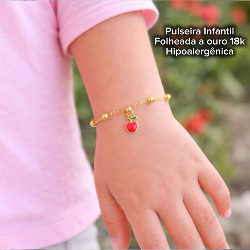 Pulseira Infantil Maçã Folheada a Ouro 18k com 2 Milésimos
