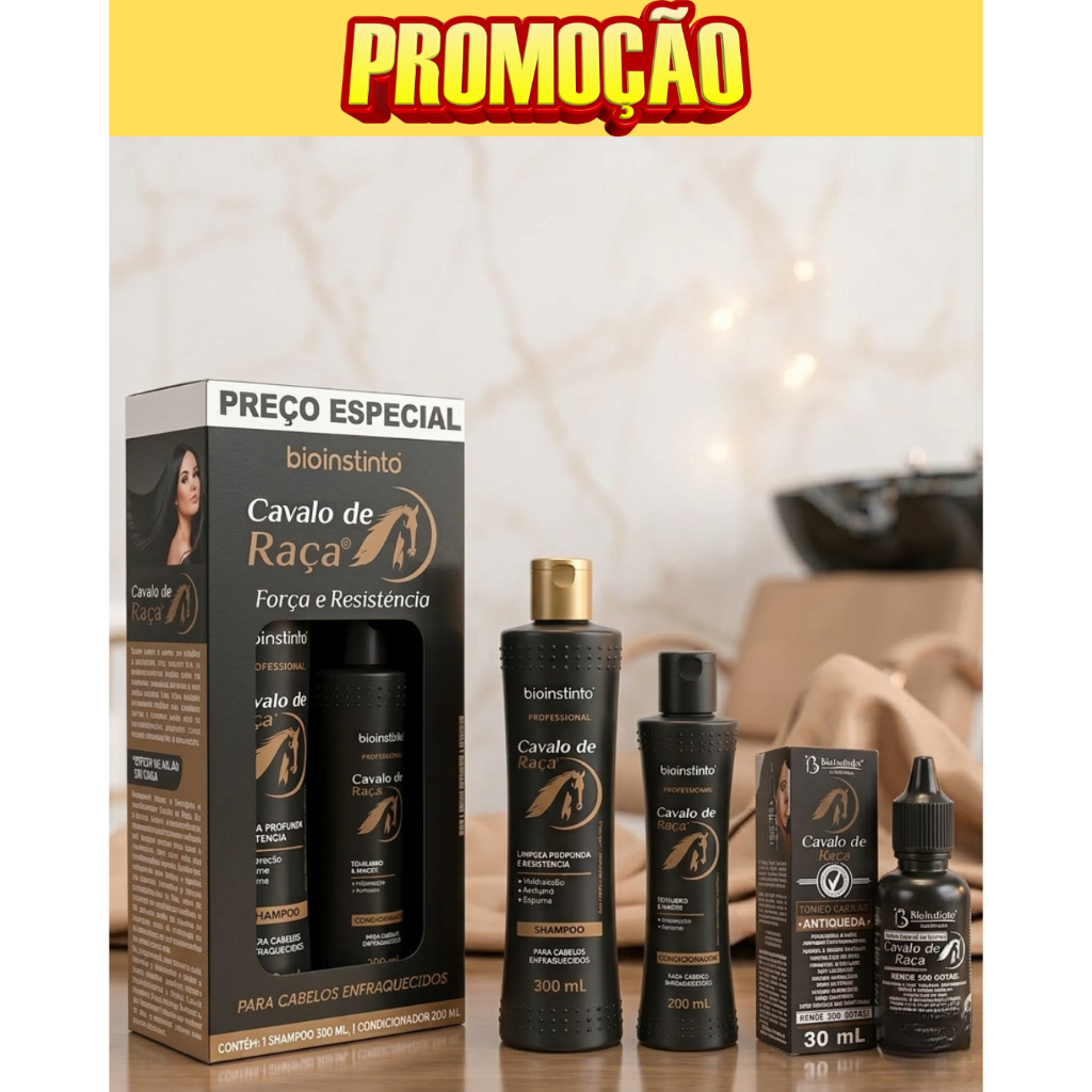 Kit 3 shampoo e condicionador| Tônico de crescimento capilar| Todos os tipos de cabelos| Sem Sal| Cavalo de Raça