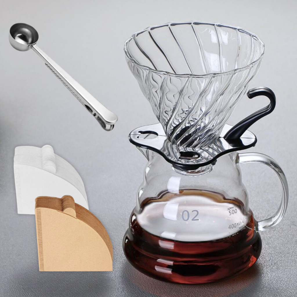 Kit Preparo Café Modelo V60 - 02 com Filtros e Dosador Clip